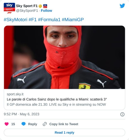 #SkyMotori #F1 #Formula1 #MiamiGP https://t.co/zCpRq4emS9  — Sky Sport F1 (@SkySportF1) May 6, 2023