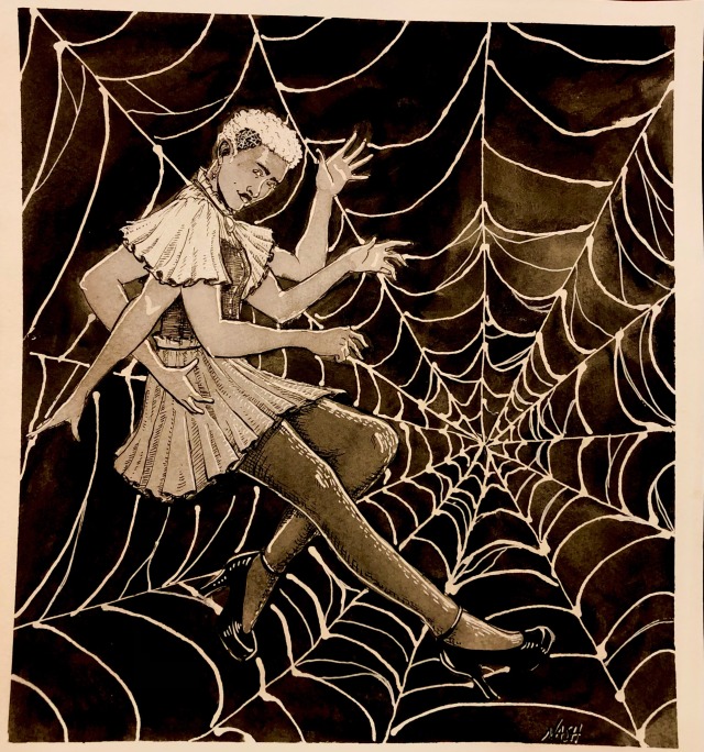 ink portrait of annabelle cane from the magnus archives. she is leaning on a spider web and has 6 arms. she is a young black woman with short white hair and a hole in the side of her head.
