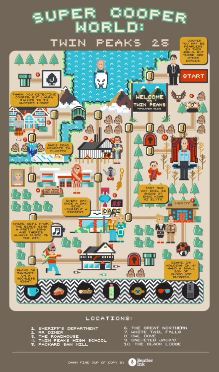 Super Cooper World: pixel art Super Mario World map, Twin Peaks version! By Beutler Ink 