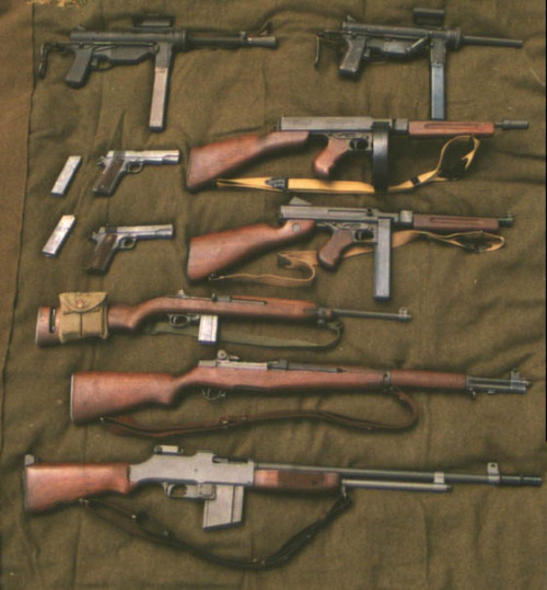 ultimate-world-war-ii:  A nice spread of the more common small arms issued to U.S. soldiers during World War II.