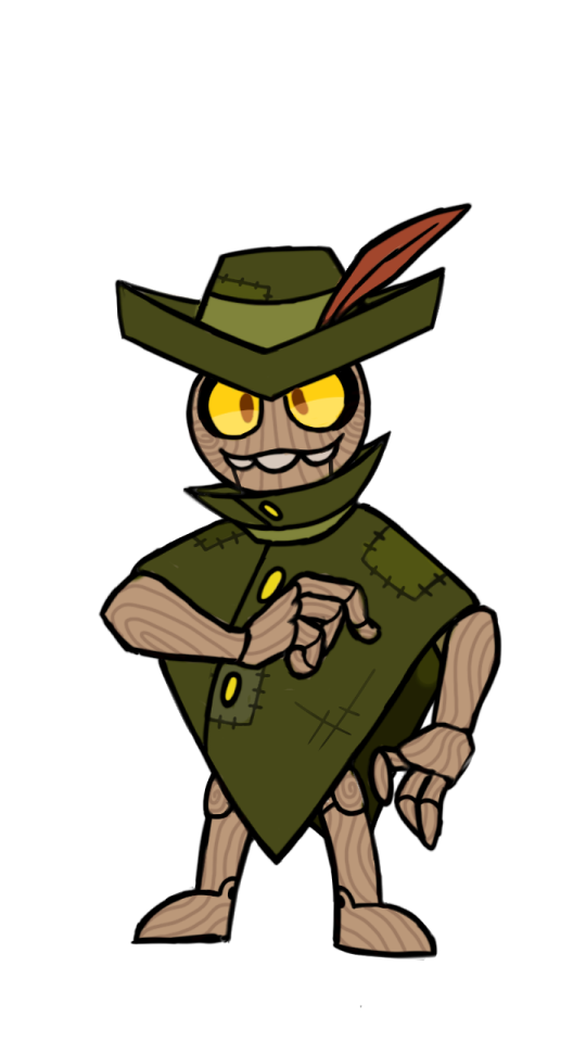 Fantoccio, but his colours are more vibrant, with gold buttons, added patches to his poncho, and more visible woodmarks.