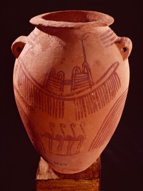 Naqada Jar with Painted Decoration This clay pot is an artifact from ancient Egypt. It is Predynasti