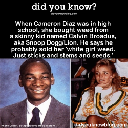 did-you-kno:  When Cameron Diaz was in high school, she bought weed from a skinny kid named Calvin Broadus, aka Snoop Dogg/Lion. He says he probably sold her ‘white girl weed. Just sticks and stems and seeds.’Source