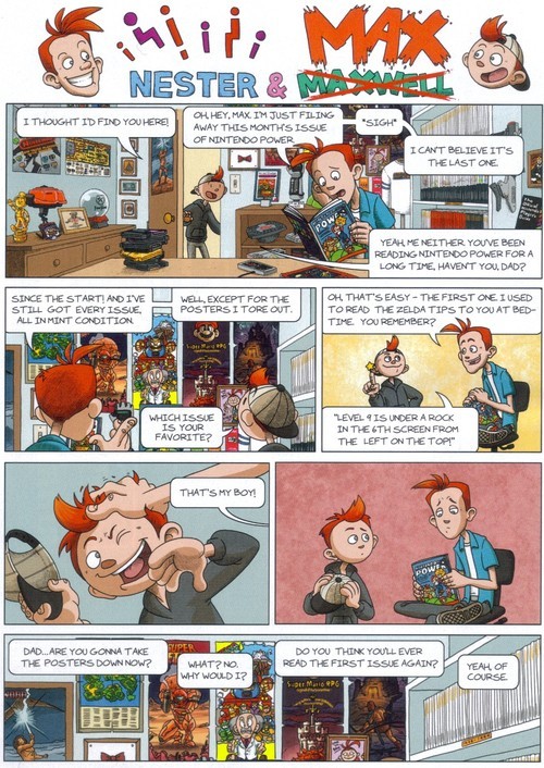 tinycartridge:  Here’s one last Nester comic to close out Nintendo Power, which is shipping its last issue this month. Artist Bill Mudron killed it here (the comic, not the actual magazine). I love that Nester framed and hung his mentor’s bowtie in