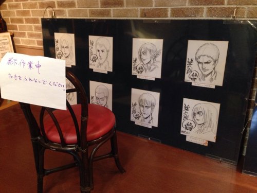 fuku-shuu:  Another look at the full set of original character sketches Isayama Hajime created for the Hibiki no Sato in his hometown of Oyama, this time accompanied by SnK cosplayers! Featuring the 104th + Erwin, Levi, and Hanji! ETA: Added close-ups