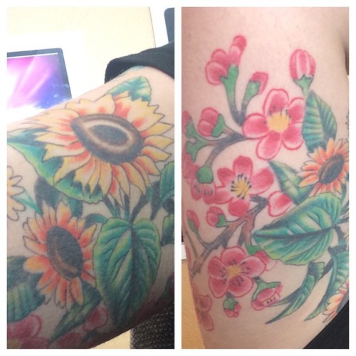 Guys, link me with good tattoo artists around North Nj!  I need to finish my sunflowers and decide if I want to add a sky to the background of my cherry blossoms. #incometaxbelike #jk #njtattoos #floraltattoos #gotthatitch #ihaveagardenonme