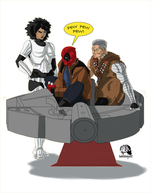 Crossover drawing I did of Deadpool and Solo. Pew pew pew!