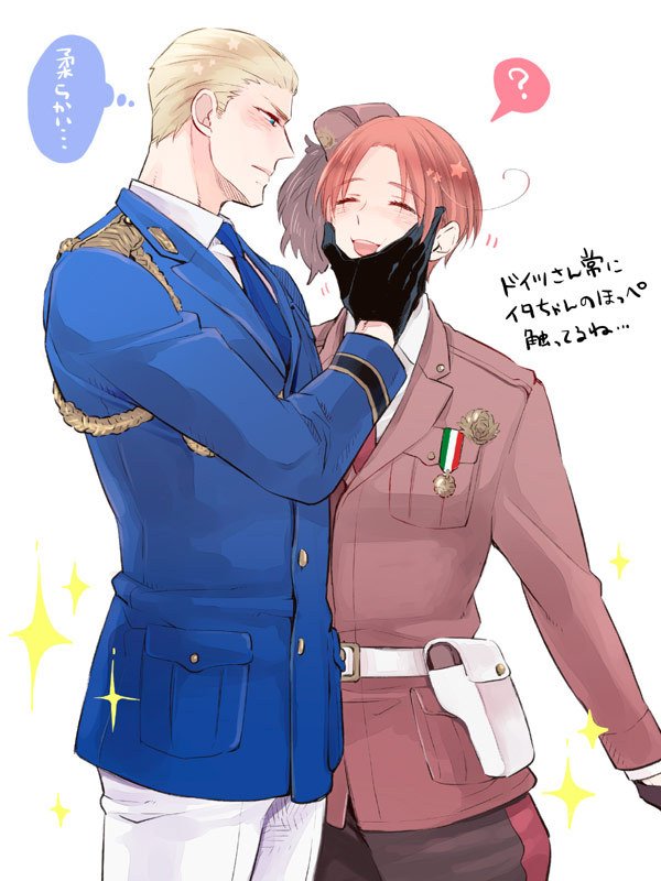 [In Hetalia World Stars,] Germany is always touching Italy’s face…
Germany: So soft…
Italy: ?
Visit HERE for source and more information on Hakoniwa’s newest doujinshi.