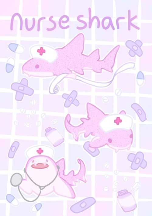 manta-sei:Nurse Sharks[Image description: drawings of pink nurse sharks wearing nurse hats surrounde
