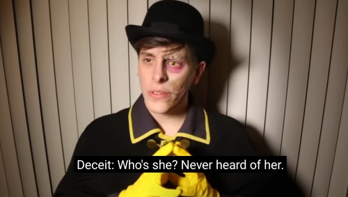Image description: A screenshot of Janus from the Sanders Sides video Can Lying Be Good, with the subtitles "Deceit: Who's she? Never heard of her."
