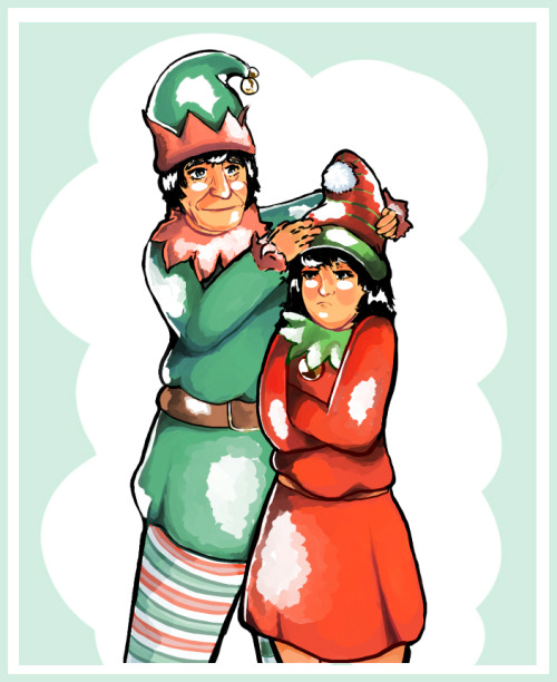 Winter Drawing Meme: As Christmas Elf(ves). Two and Zoe. For @thescarletpaperback and @ettelwenailin