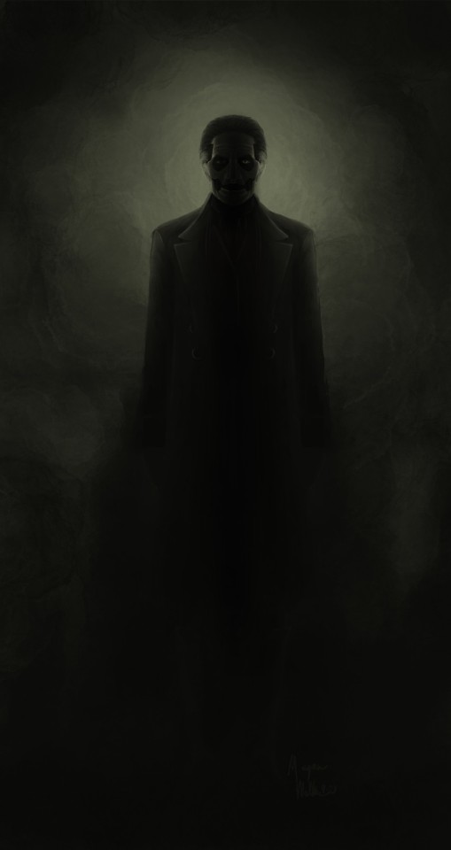 a digital painting of papa emeritus 4 he is backlit wearing his Michael Myers outfit 