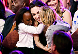  Angelina Jolie hugs Zahara Marley Jolie-Pitt and John Jolie-Pitt after winning award for Favorite Villain in ‘Maleficent’ during Nickelodeon’s 28th Annual Kids’ Choice Awards held at The Forum on March 28, 2015 in Inglewood, California. 