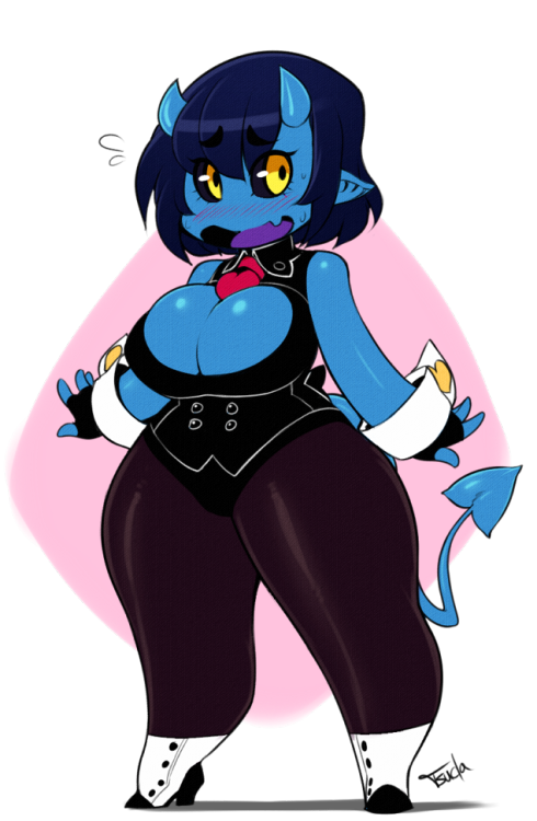 short-blue-imp:  This is Lily.  Get used to herNot sure if I’m 100% on her outfit, but this is her core design