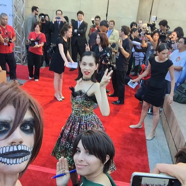 Director Higuchi Shinji, Miura Haruma (Eren), and Mizuhara Kiko (Mikasa) at the world