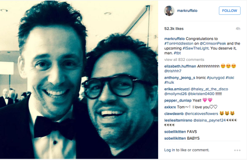 w0uldyoubemine: markruffalo: Congratulations to #TomHiddleston on Crimson Peak and the upcoming #ISa