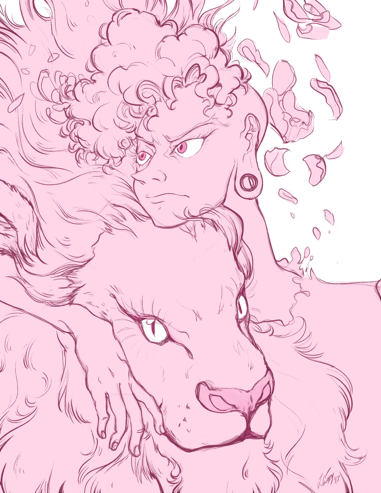 leirazamzam:wip sketch of the boy that turned pink and ruined my life (and lion)
