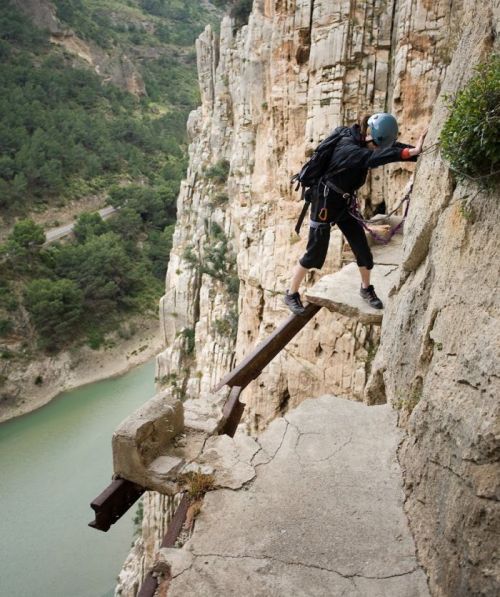 sixpenceee:El Caminito del Rey is a walkway, pinned along the steep walls of a gorge in El Chorro, S