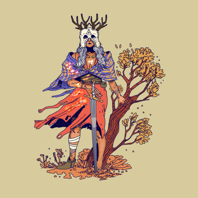 my back-from-the-dead oc, Ros (yes she is wearing the skull of a two-headed stag as a helmet)