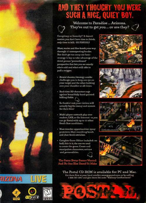 vgprintads:  “Postal - ‘Paradise Lost’” Computer Gaming World, October 1997 (#159) Uploaded by CGW Museum Before the cat butt silencers, poop jokes, and Gary Coleman, Postal was a darker series. Instead of a stressed out anti-hero, The