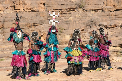 Dogon men in their ceremonial attire; Mali, West Africa