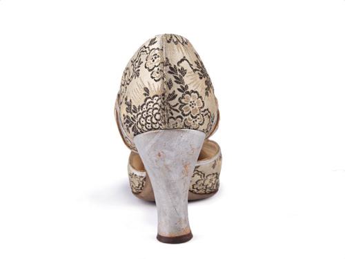 D'Orsay shoes with beige colour damask upper with floral pattern and silver and leather appliqué on 