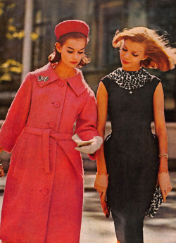 vintagegaze:  Strawberry pink wool tweed coat and sleeveless dress from 1960 Mademoiselle magazine.