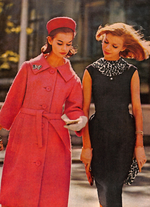 vintagegaze: Strawberry pink wool tweed coat and sleeveless dress from 1960 Mademoiselle magazine.