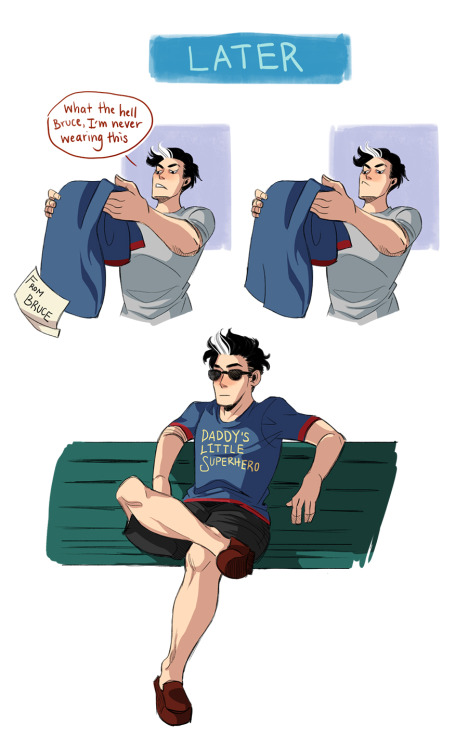 inkydandy: Meanwhile, Dick is making a shirt that says “Daddy’s Favorite Superhero” and Damian is ha