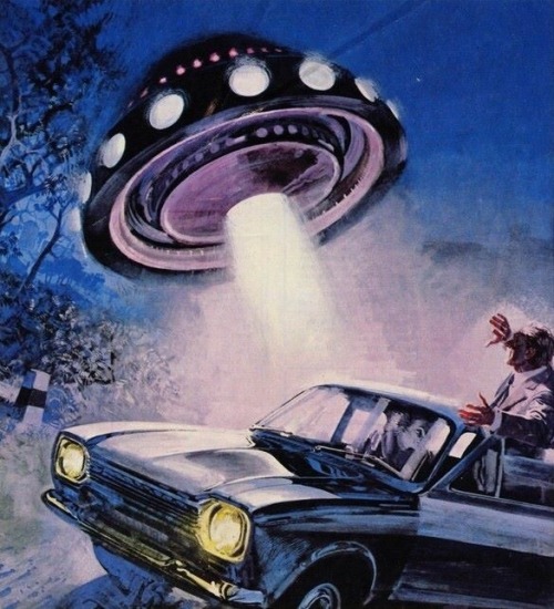Another UFO encounter.Illustration by Aldo Di Gennaro for an Italian magazine (1972).