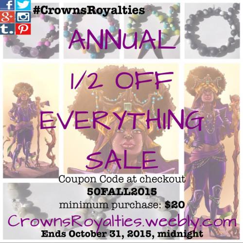 #CrownsRoyalties annual #HalfOffSale starts TODAY!
50% off til Oct 31st!
Use coupon code 50FALL2015 at checkout on our shop!
Jewelry, hair oils and more!
#handmadejewelry #africantradebeads #healingstones #gemstones #naturallyflyydetroit