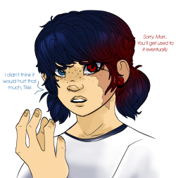 artgraveyard:  scifi au idea i had while waiting for the xmas special-there`s no magic-kwami are symbiotic and share the bodies of their wielders-transforming is really painful the first time until they get used to it, for marinette its like her skeleton