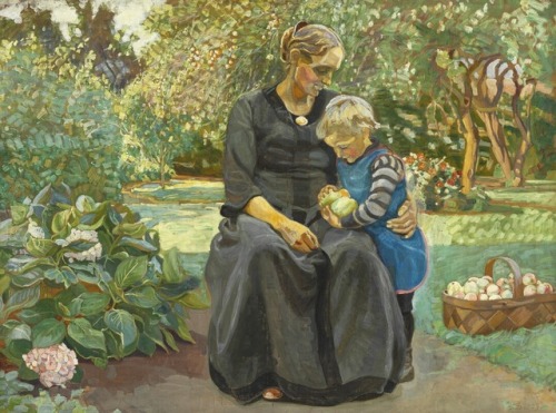The artist’s wife Anna gathering apples in the garden together with one of her children  -   F