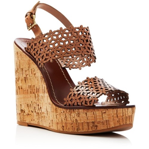 Tory Burch Floral Perforated Cork Wedge Sandals