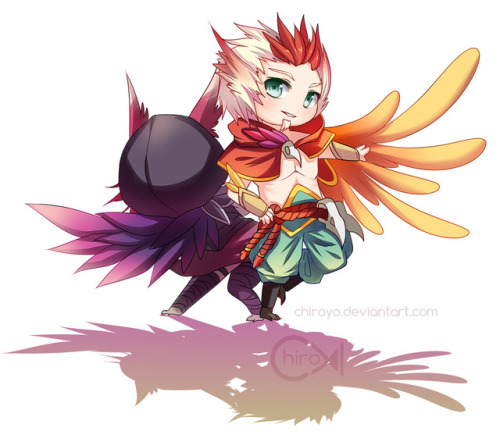 chiroyon:I drew everybirby’s new favorite couple! ;_; I love the new champions so much, Rakan and Xayah are the birb people I needed in my life.  If there’s enough interest I might make doublesided acrylic charms!