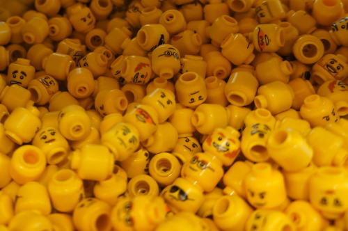 Yellow Lego heads from the lego shop in Copenhagen, Denmark.