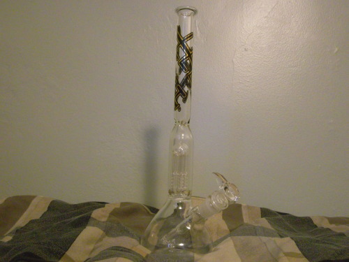 Figured it was about time to graduate to a real bong. MN Legit piece with a thin shaft and percolators on the body   downstem.  Should be smooooth. <3