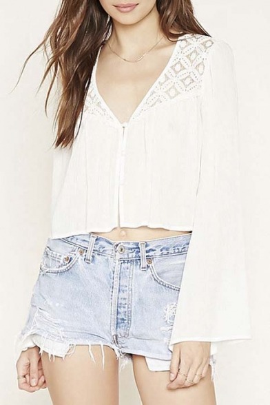 sandramorris: Blouses  &   Kimonos  Off The Shoulder Bell Sleeve Loose Ruffle Hem Crop Blouse   Sexy Cut Out Shoulder Delicate Pattern Chic Blouse   Lady’s Chic Lapel Striped Button Down Crop Top Shirt   Women’s V-neck Bell Long Sleeve Lace