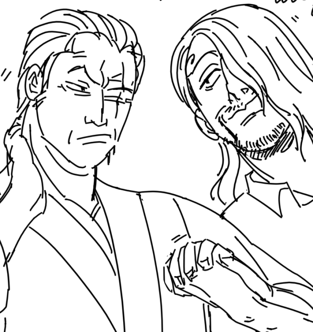 Contextless sketch of 40yo Zoro and Sanji holding hands. Sanji is smiling knowingly at Zoro, who is scratching the back of his neck, resigned.