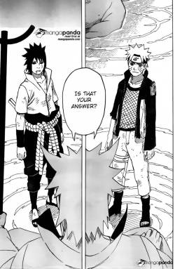 sasukeworld:   Highest priest: Is that your answer? Sasuke: Yes (Naruto smiles happily) Highest priest: Give me your hands ……I now pronounce you husband and wife   “Naruto 671 or the chapter Naruto and Sasuke officially become a match made in heaven”