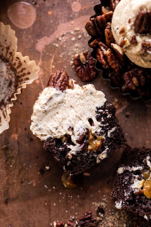 sweetoothgirl: chocolate bourbon pecan pie cupcakes with butter pecan frosting