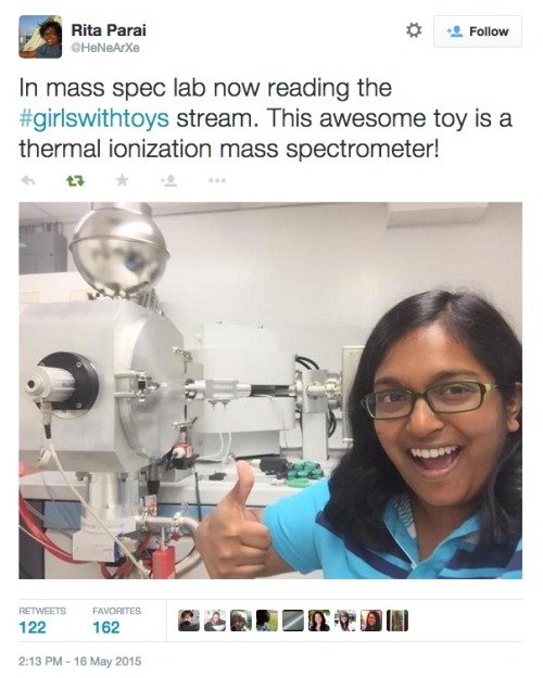 shychemist:  One of my favourite twitter trending topics I’ve seen in a while: #GirlsWithToys.This came as a response to an Astronomer’s remarks that Scientists are ‘boys with toys’.Glad to see such a strong response from the women of STEM. :)