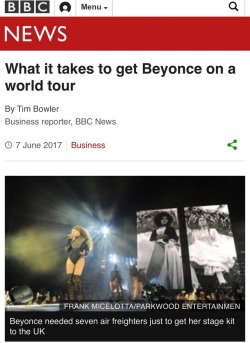 beyhive1992:  According to BBC, the Formation Tour takes …  7 Boeing 747s 90 Trucks 4 identical copies of the stage 2000 gallons of water /night  17 Beyoncé hair fans ……  We really stan the biggest artist in the world.