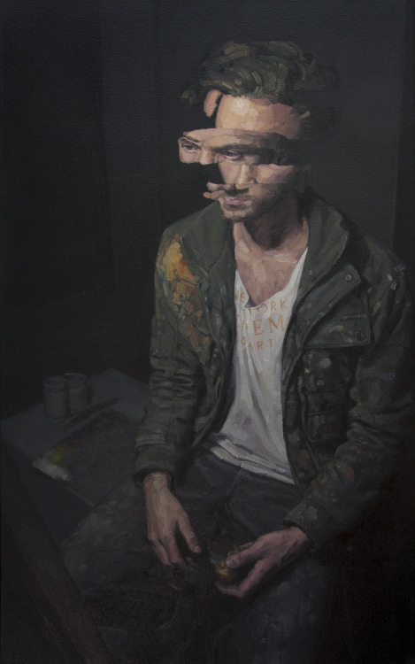 adamlupton:  This one is still untitled, but wanted to put it up anyways since I’ve given enough teasers. It was my final self portrait for my first term. Still a few things left to touch up, but it’s mainly all there. 30 x 48, oil on canvas.