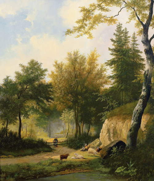 Idyllic Summer Forest Landscape with Sheep in a Sunlit Glade next to a Creek, Pieter Hendrik Koekkoe