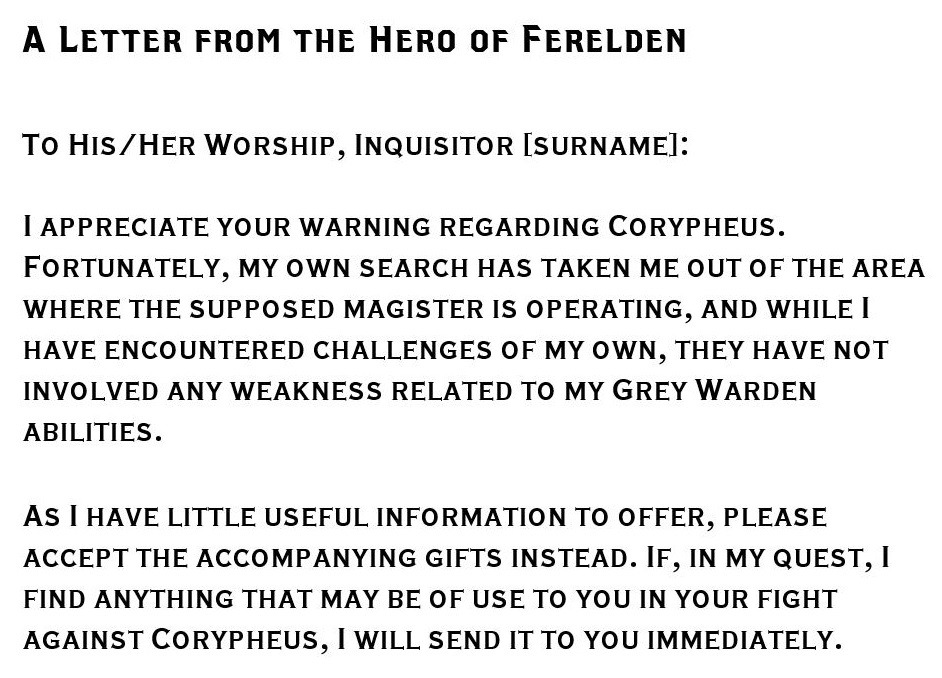 A letter from the Hero of Ferelden