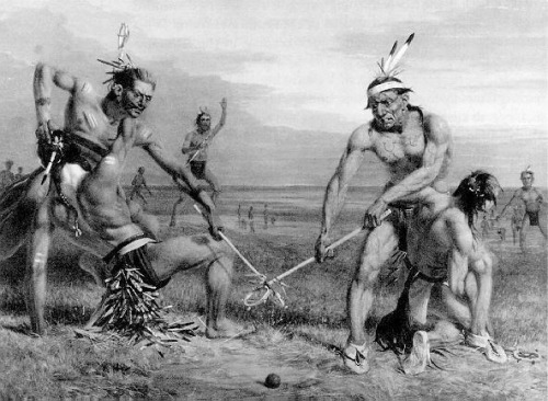 ultrafacts:  Aboriginal lacrosse was a big game and quite often teams were made up of One Hundred to One Thousand young men on each team. The goals were normally five hundred yards to one-half mile apart. On occasion, the goals would be up to several