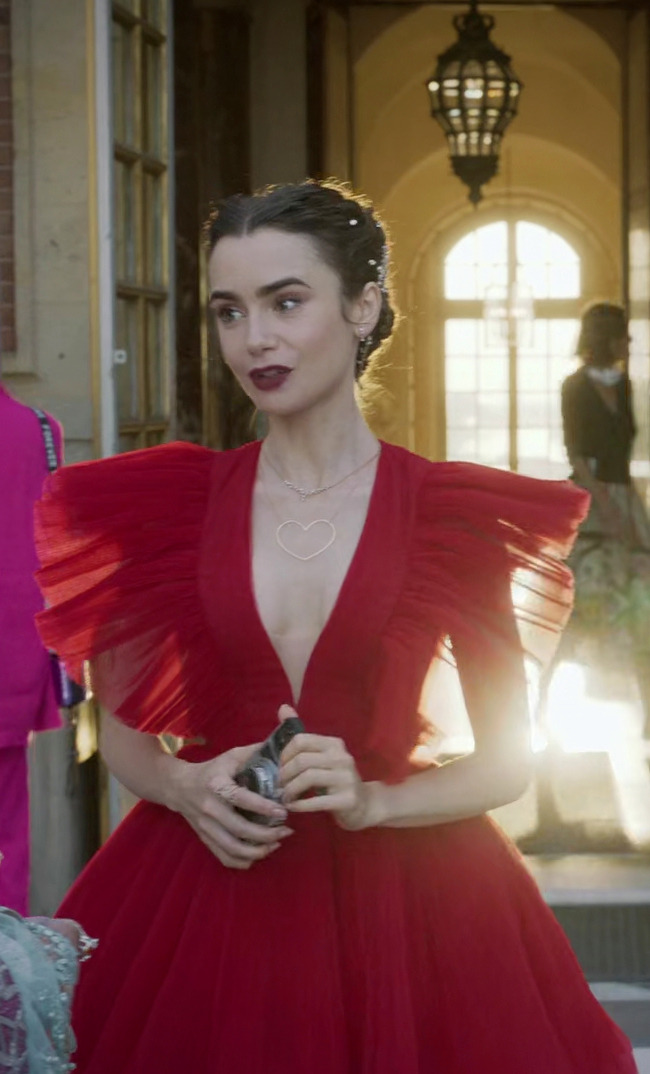 Red Leopard Print Tulle Dress of Emily Cooper (Lily Collins) in Emily in  Paris (S01E07)