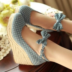 mamebo:  easy peasy pumpkin cheesy denim polka dot wedges (in light and dark styles), available here 