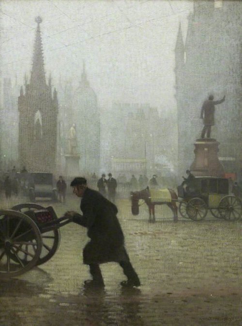 Albert Square, Manchester [UK] (1910) by Adolphe Valette (French, 1876-1942). French Impressionist p